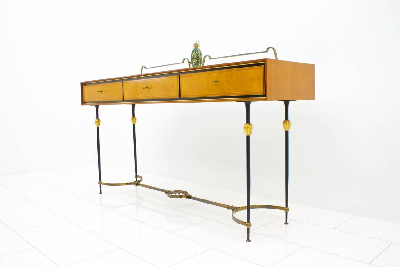 Italian Beautiful Console Table, Sideboard with Brass and Mirror, Italy, 1960s For Sale
