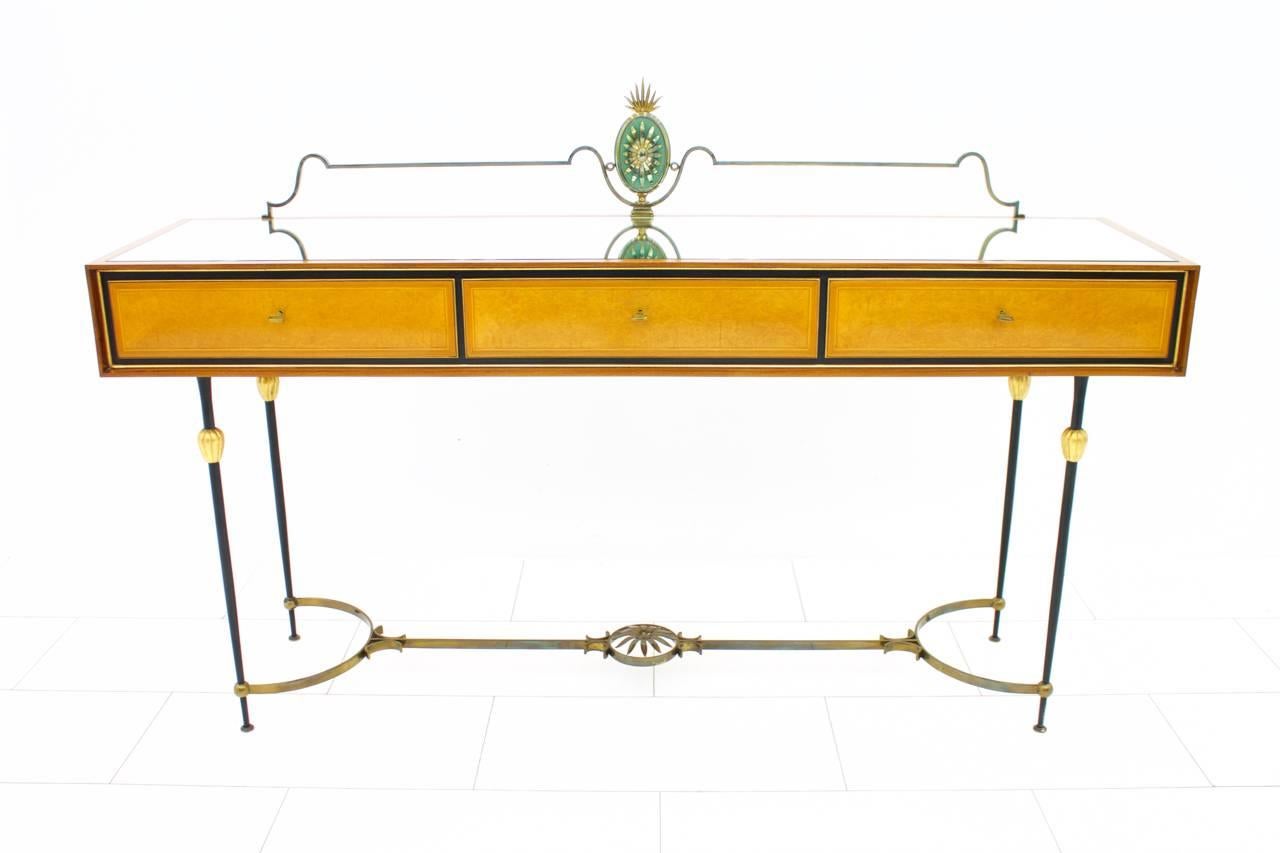 Mid-Century Modern Beautiful Console Table, Sideboard with Brass and Mirror, Italy, 1960s For Sale