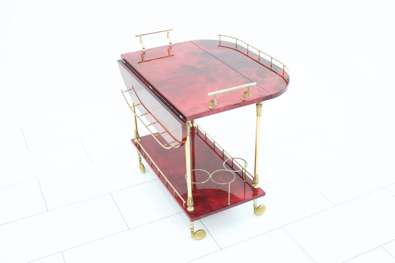 Italian Large Bar Cart by Aldo Tura in Red Goatskin and Brass, Italy, 1960s