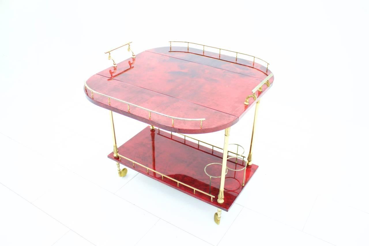 Mid-Century Modern Large Bar Cart by Aldo Tura in Red Goatskin and Brass, Italy, 1960s