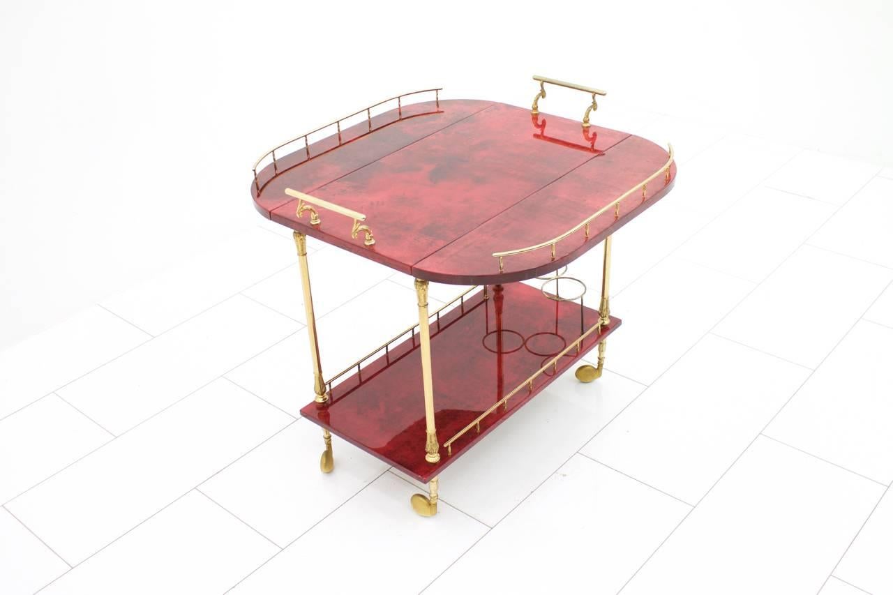 Mid-20th Century Large Bar Cart by Aldo Tura in Red Goatskin and Brass, Italy, 1960s