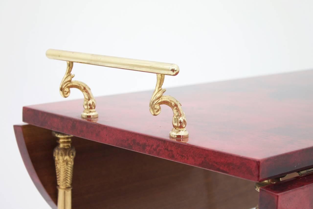 Large Bar Cart by Aldo Tura in Red Goatskin and Brass, Italy, 1960s 1