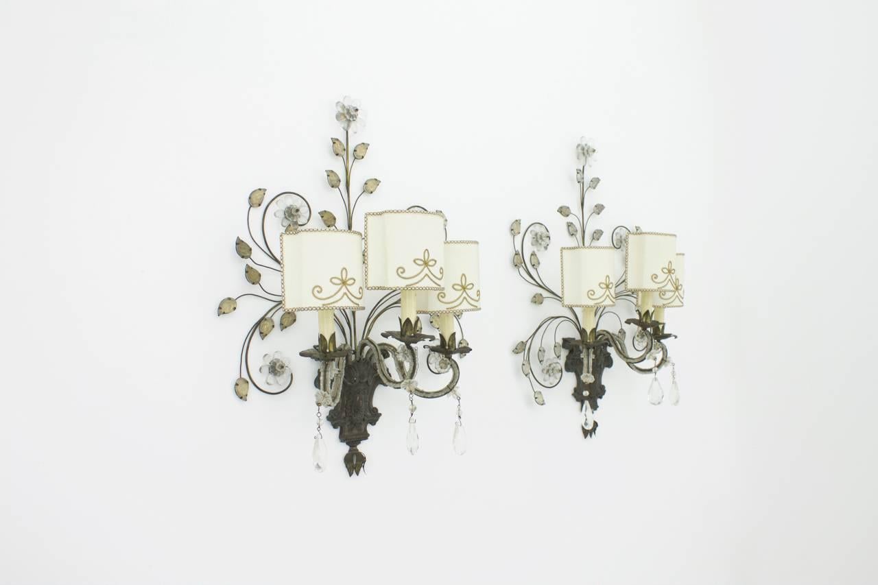 Pair of large French wall sconces, 1950s att. to Maison Bagues.
Metal, brass and glass.

Good condition.

Worldwide shipping.