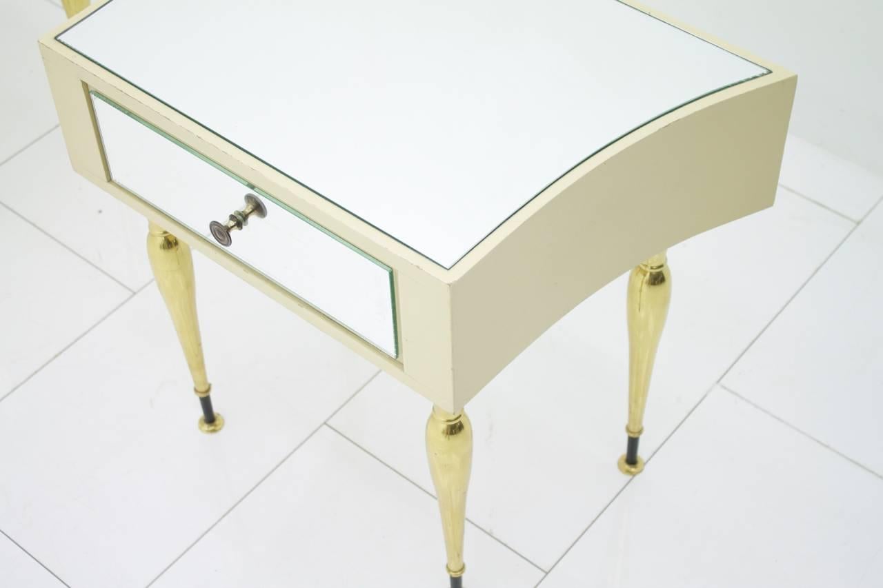 Mid-20th Century Pair of Nice Night Stands with Brass Mirror and Lacquered Wood, Germany 1960s For Sale