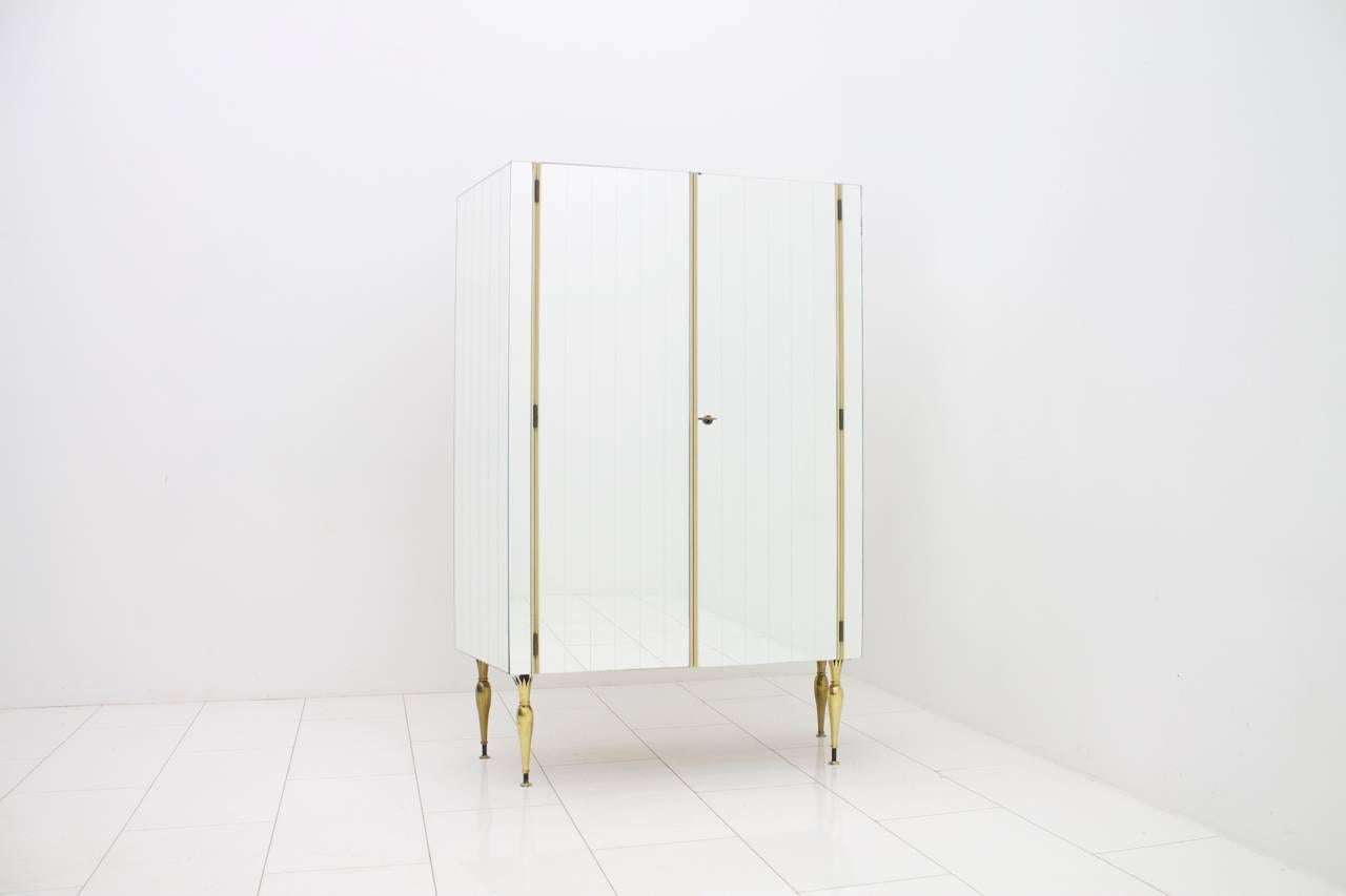 Mid-20th Century Fully Front Mirrored Asymmetric Wardrobe with Brass Legs, Germany 1960s