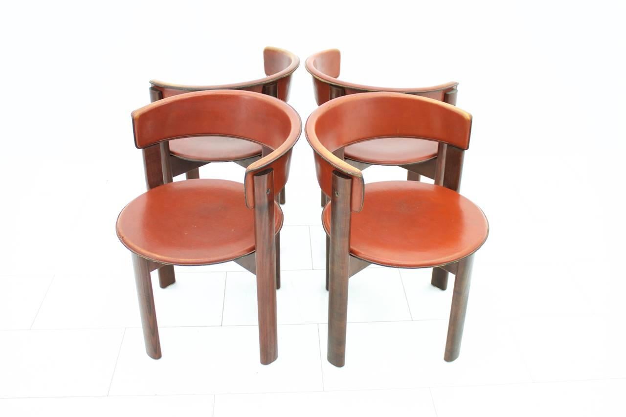 Set of Four Cassina Dining Room Chairs in Red Leather Italy, 1970s 1