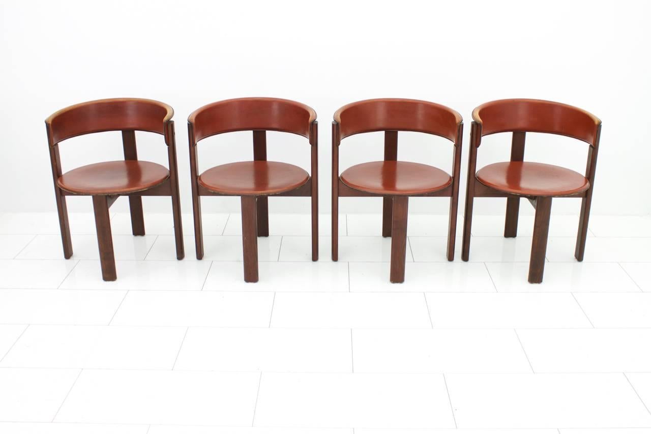 Late 20th Century Set of Four Cassina Dining Room Chairs in Red Leather Italy, 1970s