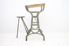 Industrial Metal & Wood Working Desk with Stool, 1930s