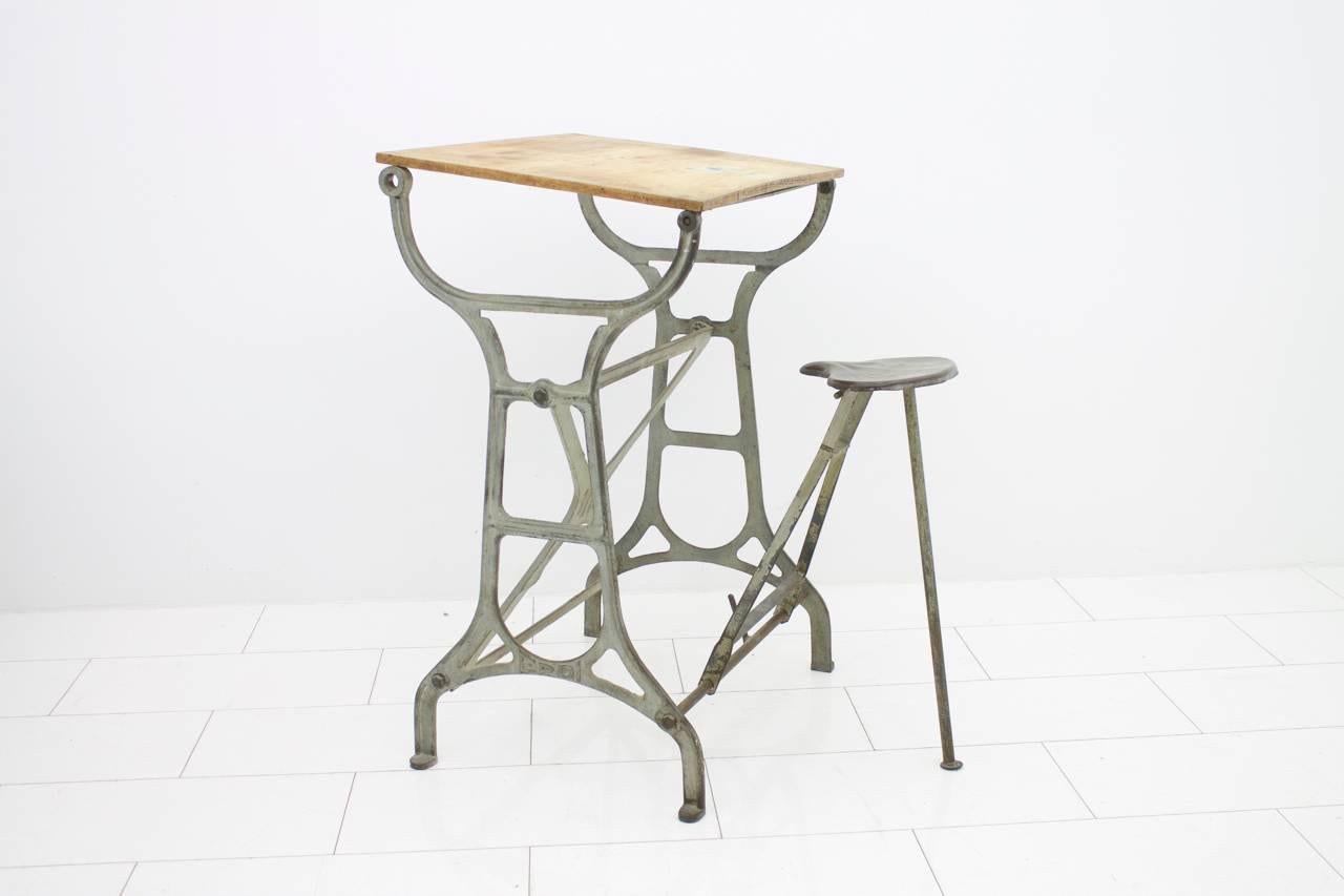Bauhaus Industrial Metal & Wood Working Desk with Stool, 1930s