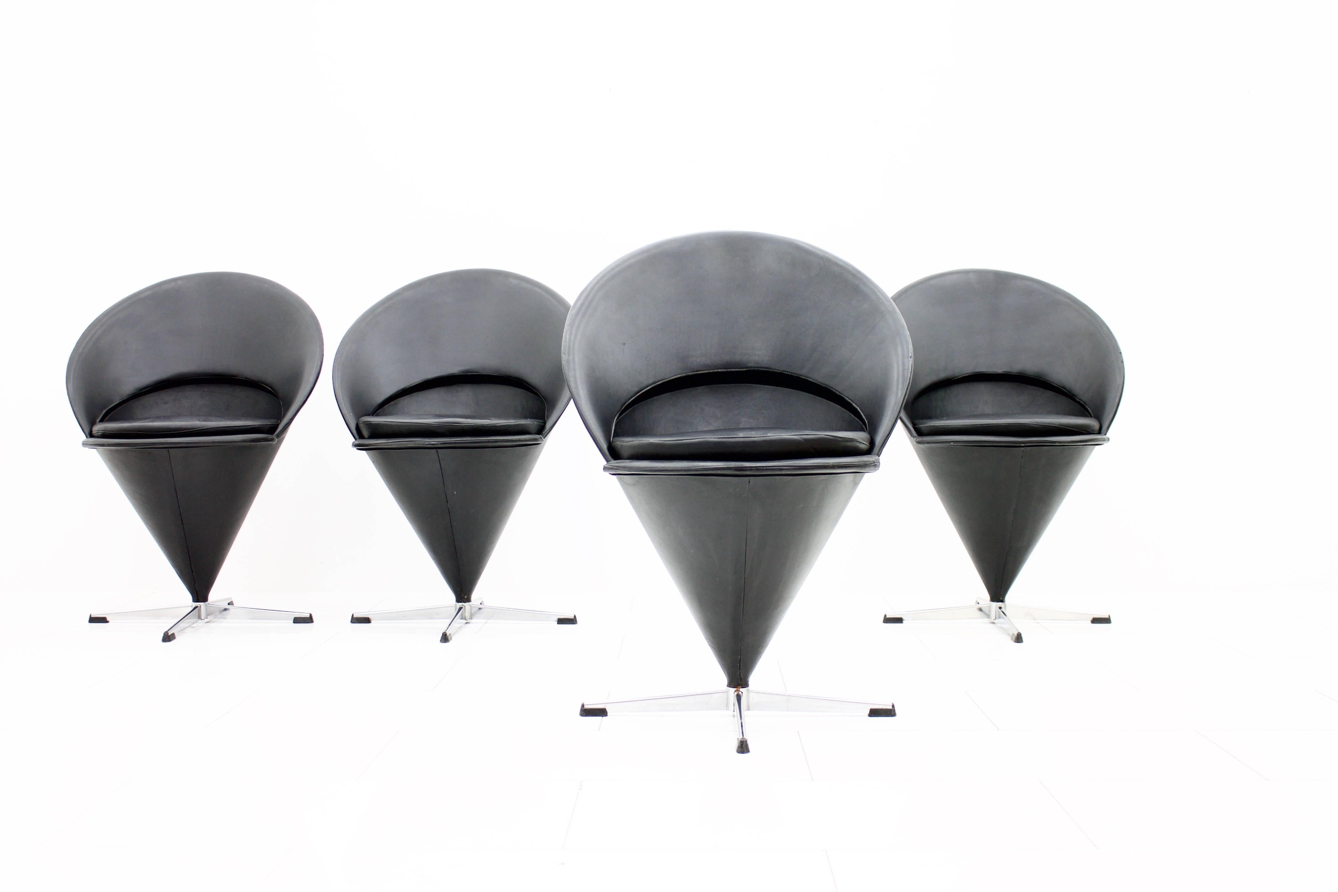 Metal Verner Panton Black Leather Cone Chair, 1958