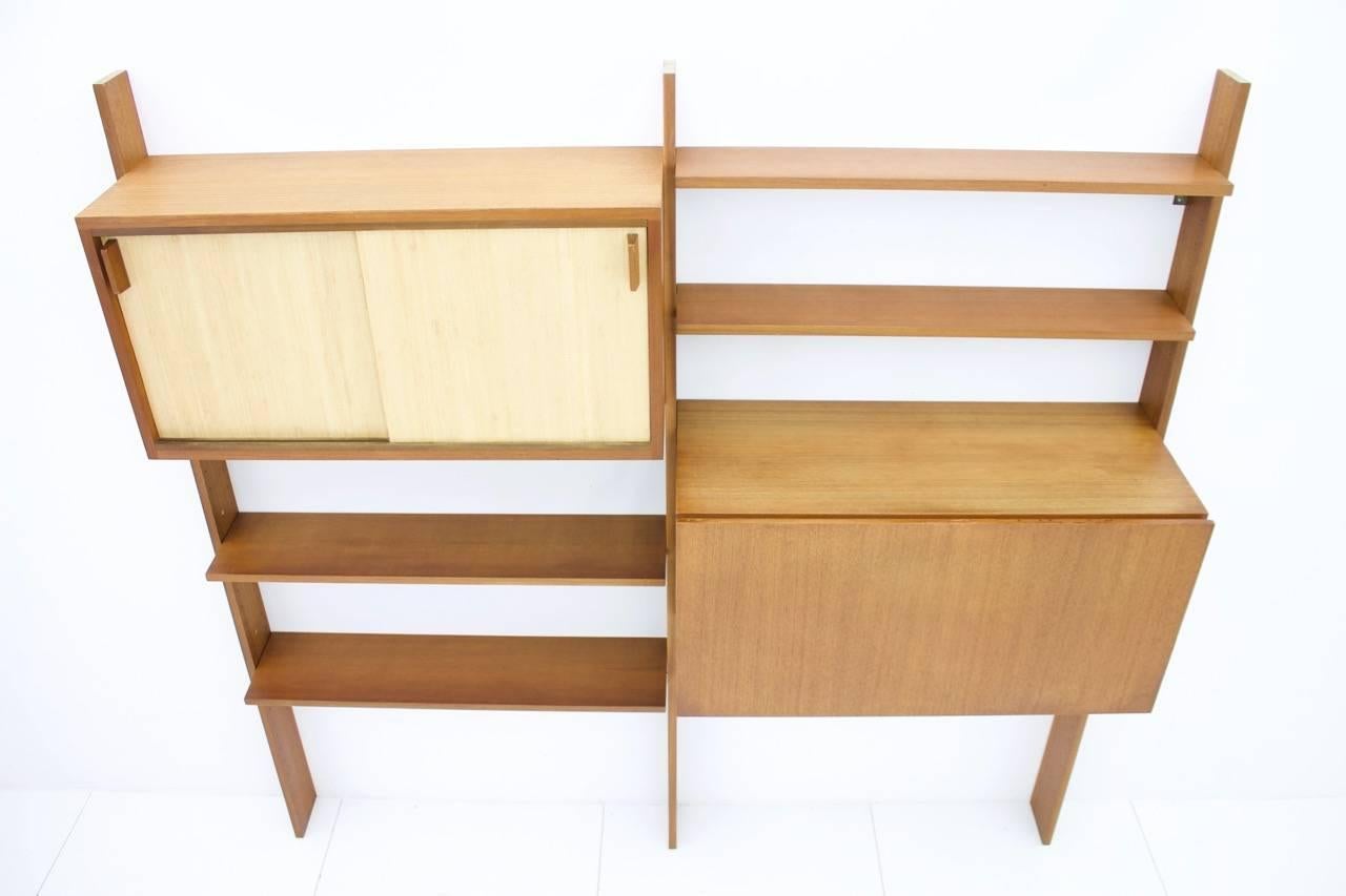 Dieter Waeckerlin Teak Shelf with Seagrass Sliding Doors a Bar or Desk, 1950s 1