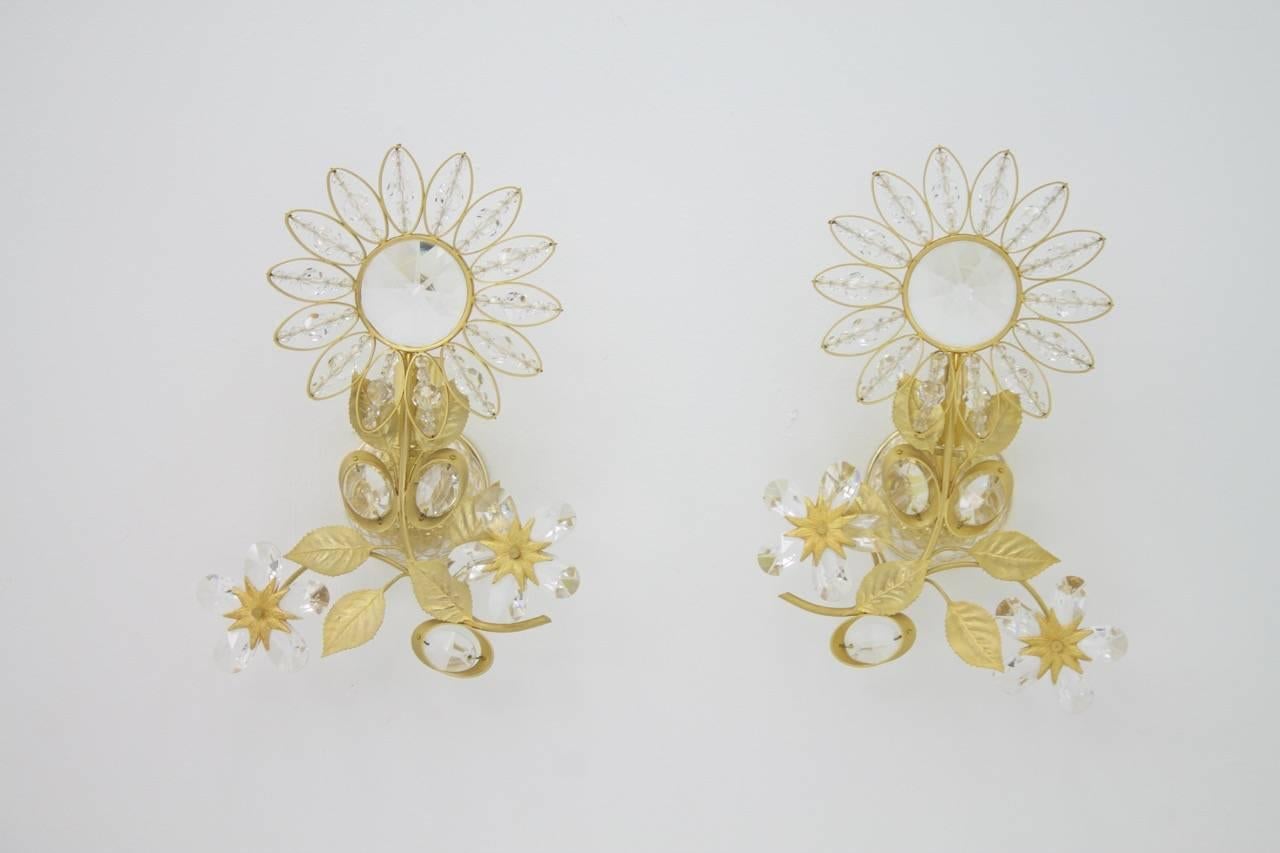 Pair of Wall Sconces Crystal Glass and Brass by Faustig Germany 1970s For Sale 5