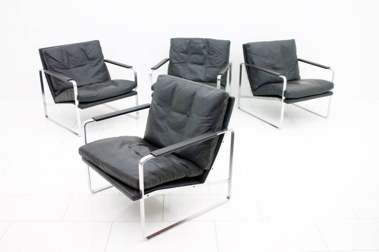 Scandinavian Modern Set of Four Preben Fabricius Lounge Chairs in Black Leather by Walter Knoll 1972 For Sale