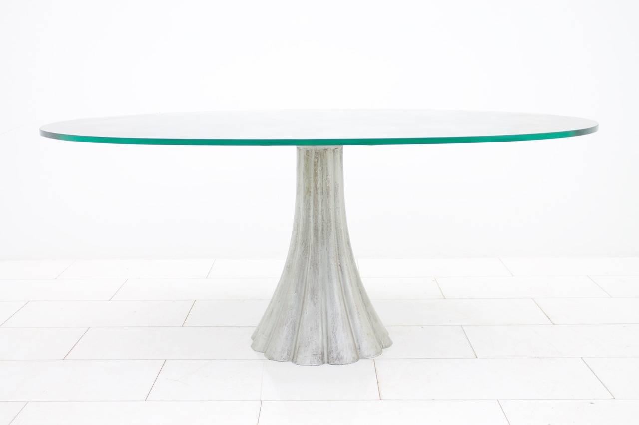 Mid-Century Modern Oval Dining Table with Mirrored Glass Top and Metal Base Italy 1960s