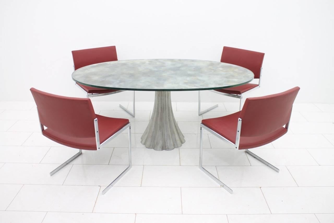 Oval Dining Table with Mirrored Glass Top and Metal Base Italy 1960s 1