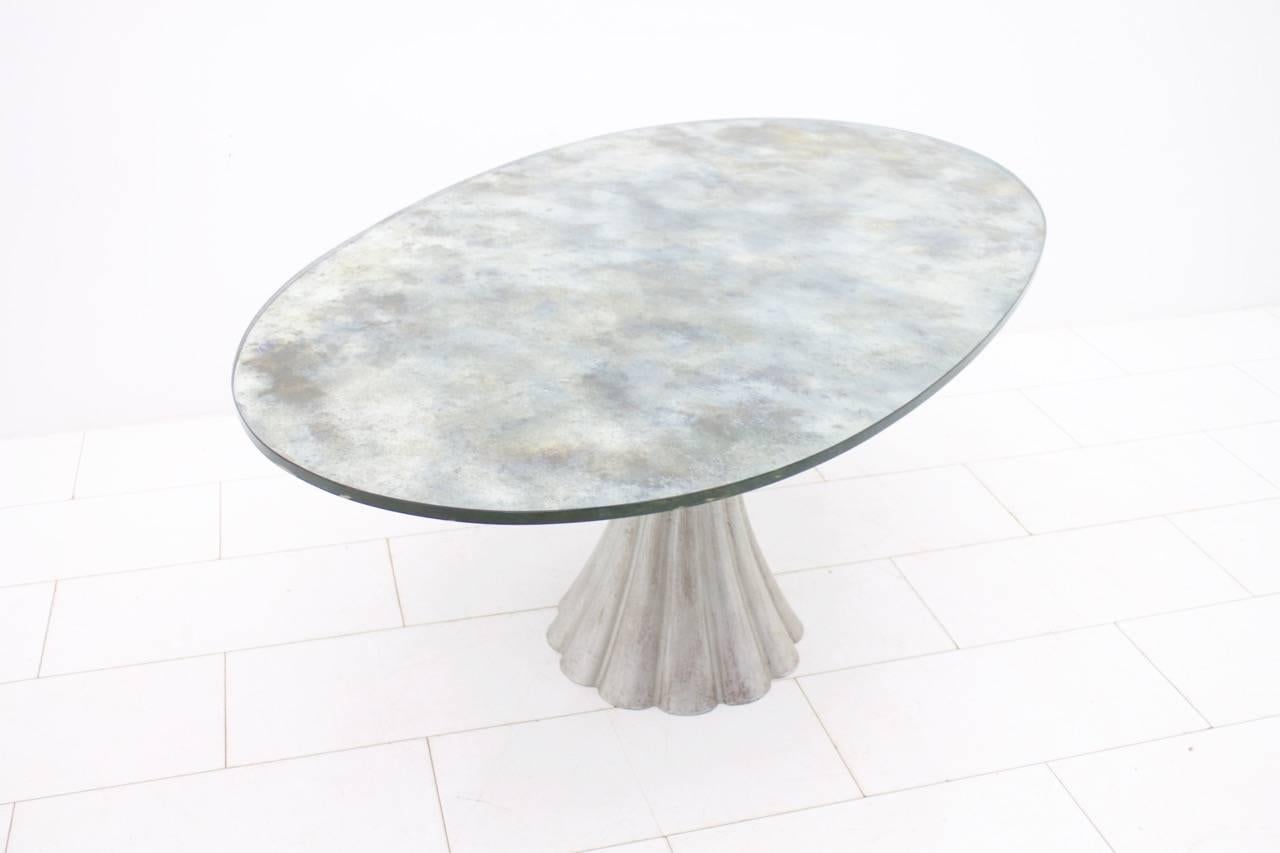 Italian Oval Dining Table with Mirrored Glass Top and Metal Base Italy 1960s