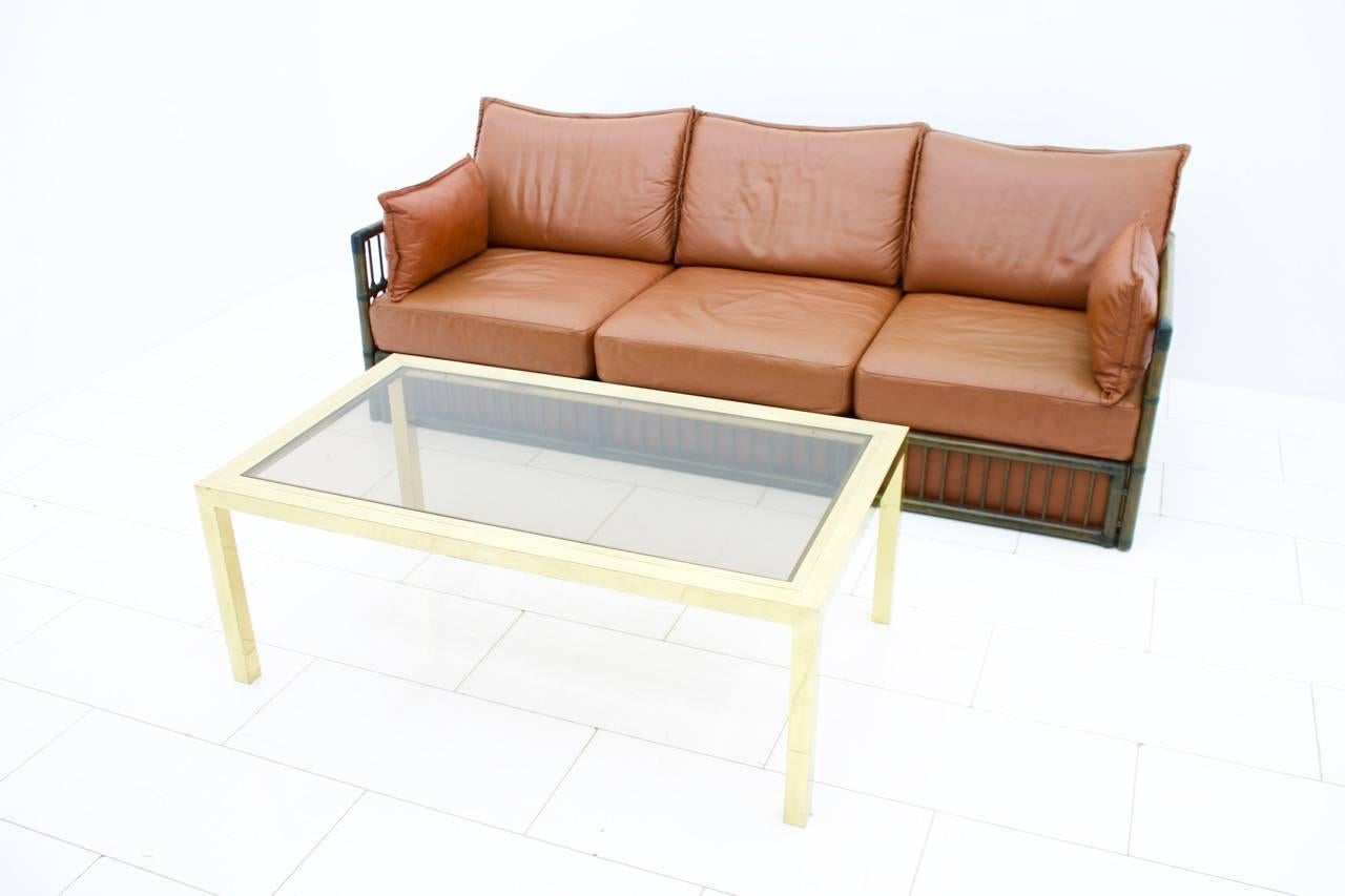 Three Person Leather Sofa with Rattan 1978 For Sale 1