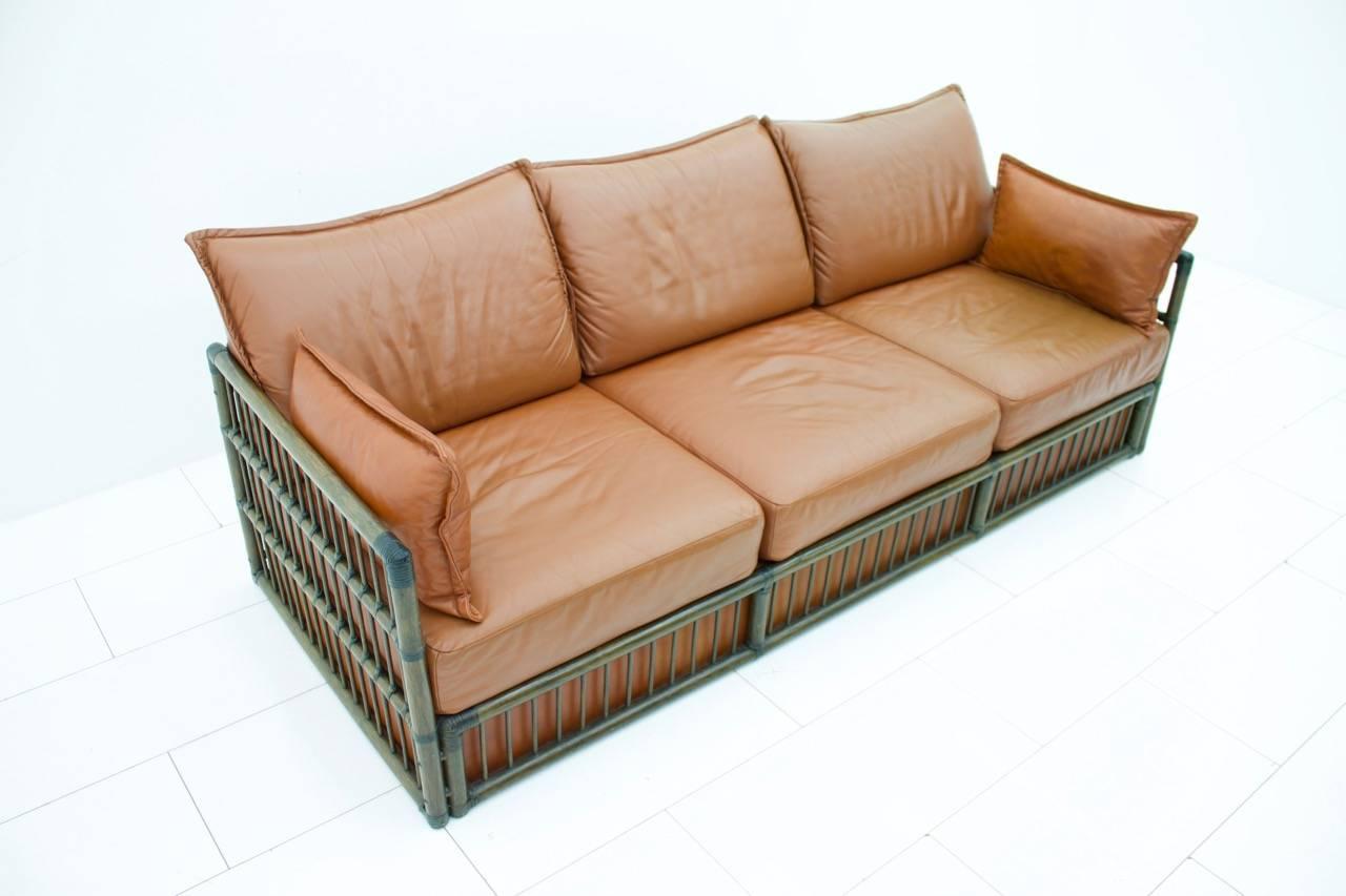 German Three Person Leather Sofa with Rattan 1978 For Sale