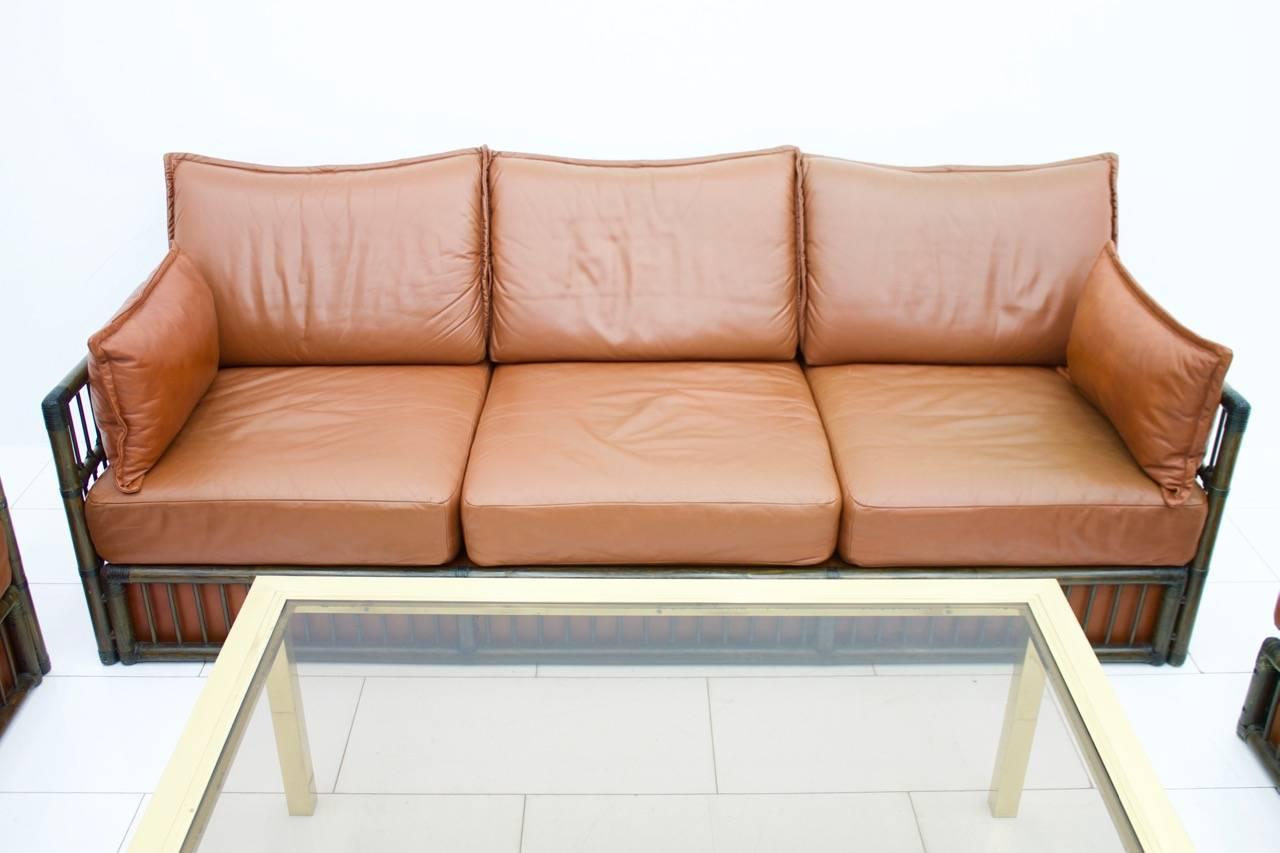 Three Person Leather Sofa with Rattan 1978 For Sale 4