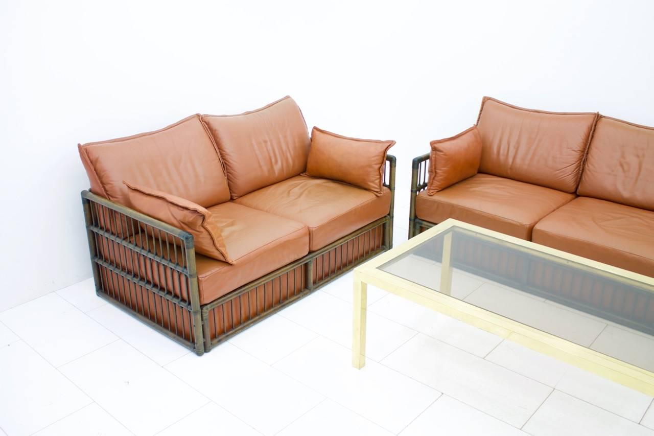 Three Person Leather Sofa with Rattan 1978 For Sale 3