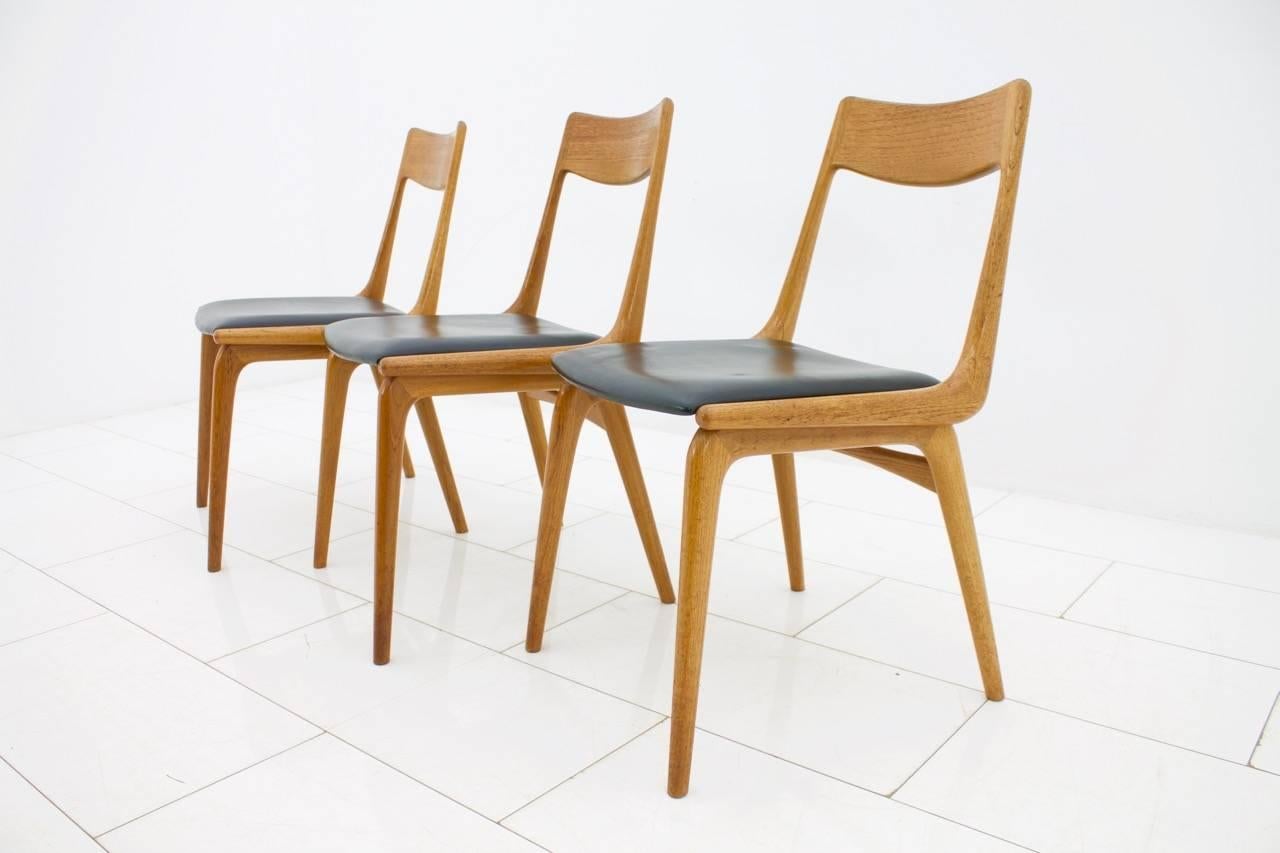 Mid-20th Century Erik Christensen Boomerang Dining Chairs, Teak and Leather, Denmark, 1950s