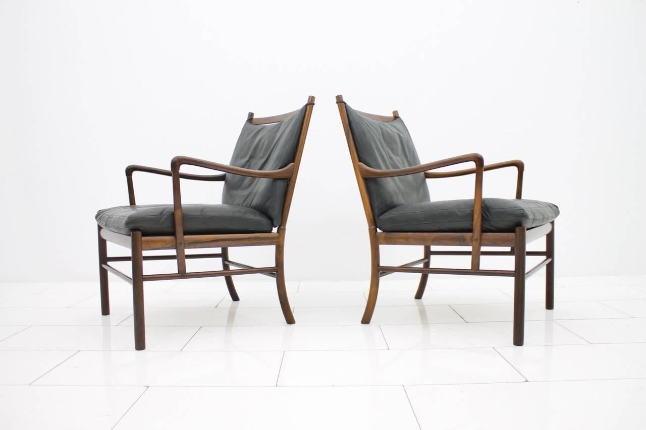 Danish Pair of Colonial Chairs with Stool by Ole Wanscher, Poul Jeppesen, Denmark For Sale