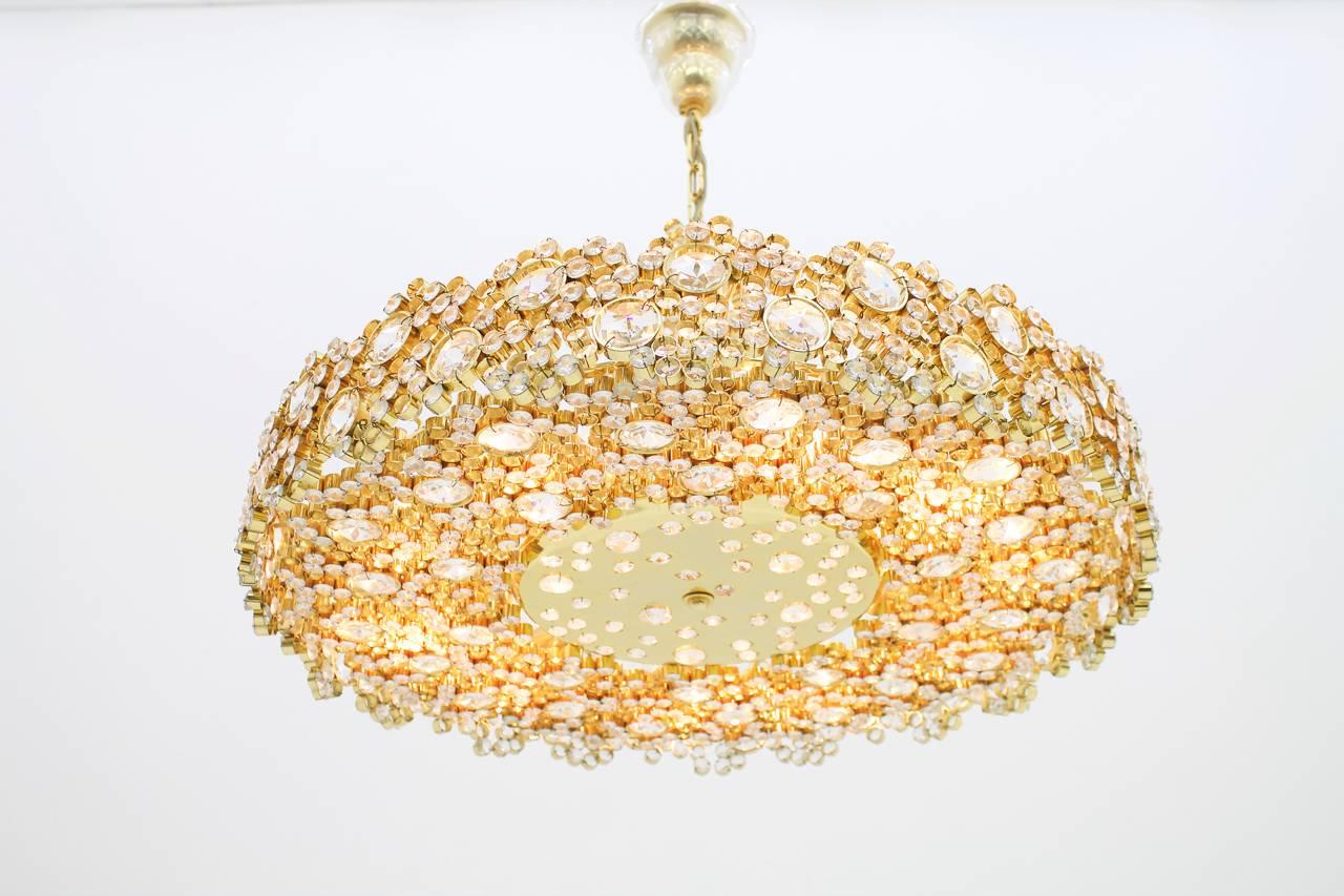 Large Gilded Brass and Crystal Glass Chandelier by Palwa, Germany, 1960s For Sale 2