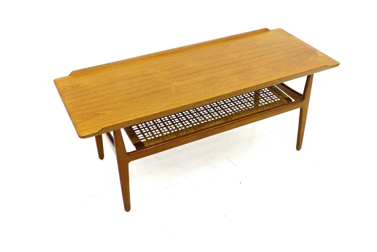 Scandinavian Modern Teak & Cane Sofa Table 