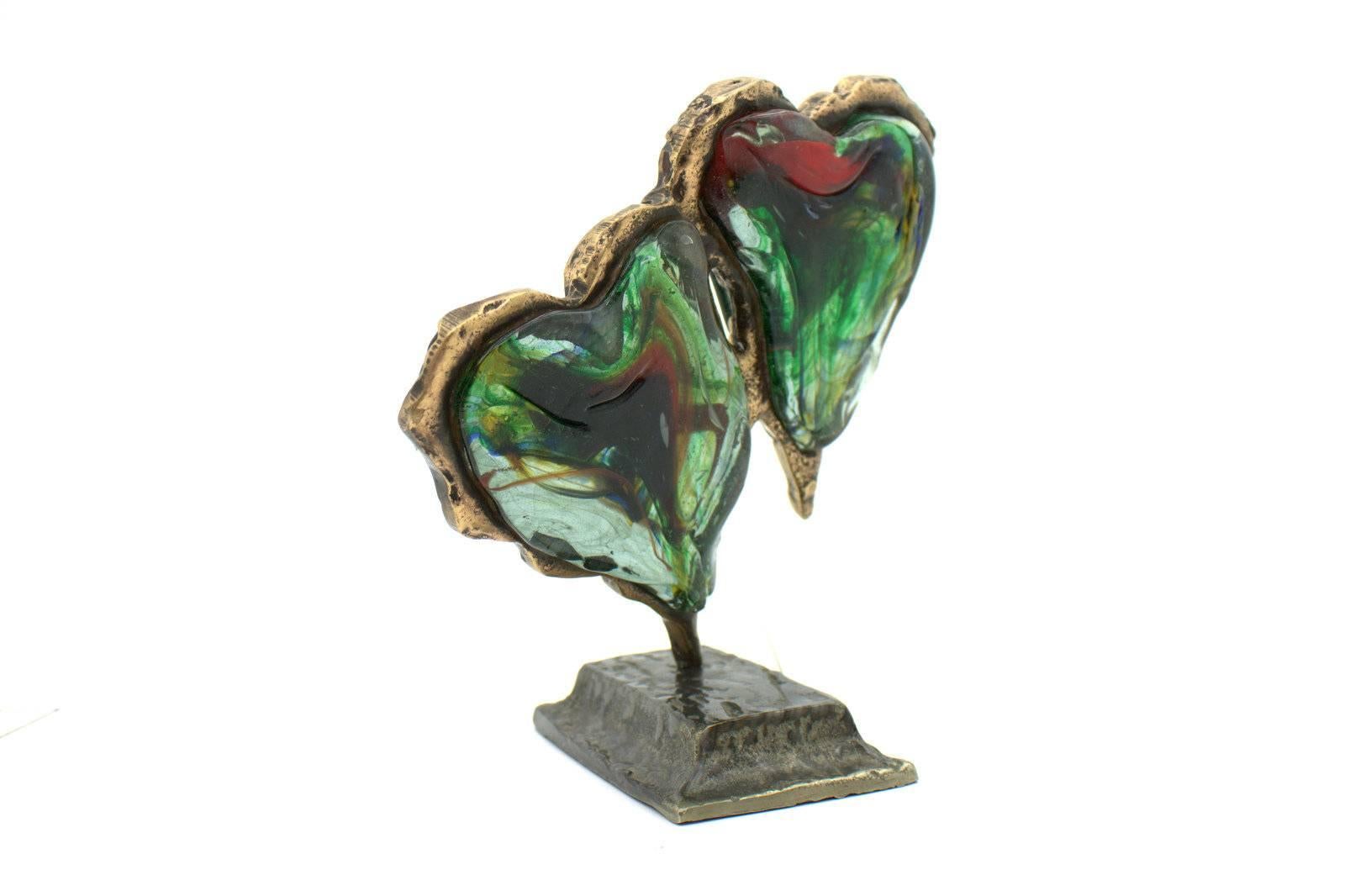 Yves Lohe sculpture en verre deux cœurs:: verre et bronze. 
Excellent état. 

Expédition dans le monde entier.
