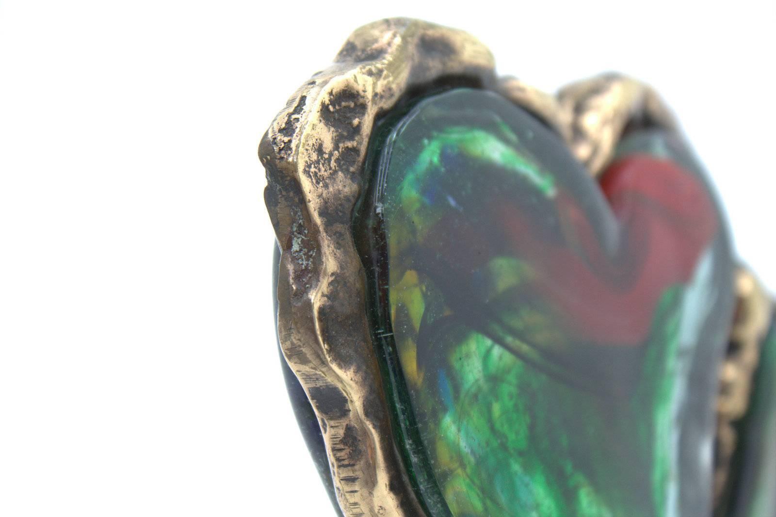 French Yves Lohe Glass Sculpture Two Hearts, Glass and Bronze