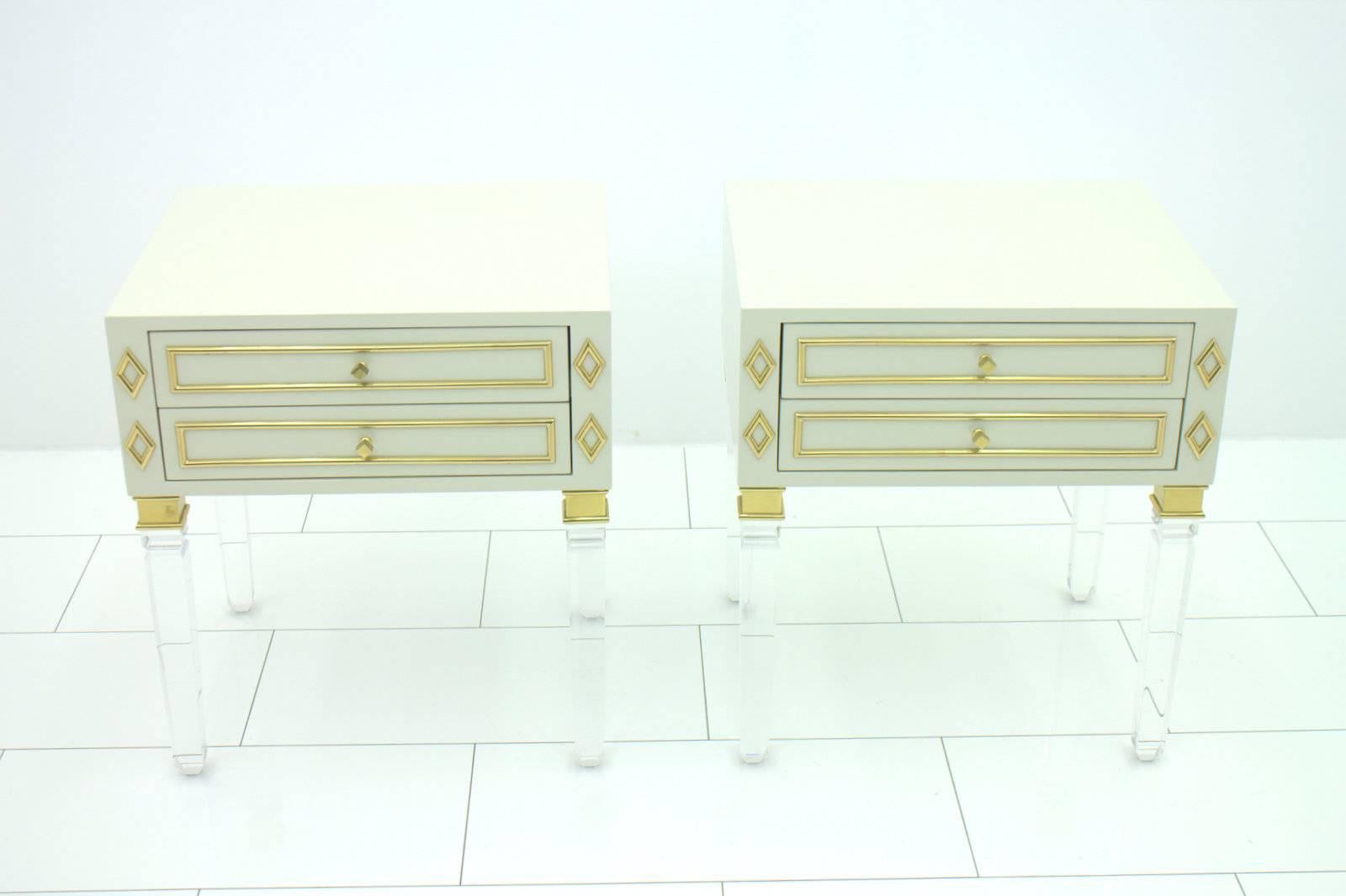 Late 20th Century Pair of Nightstands, Lucite, Wood and Brass, 1970s