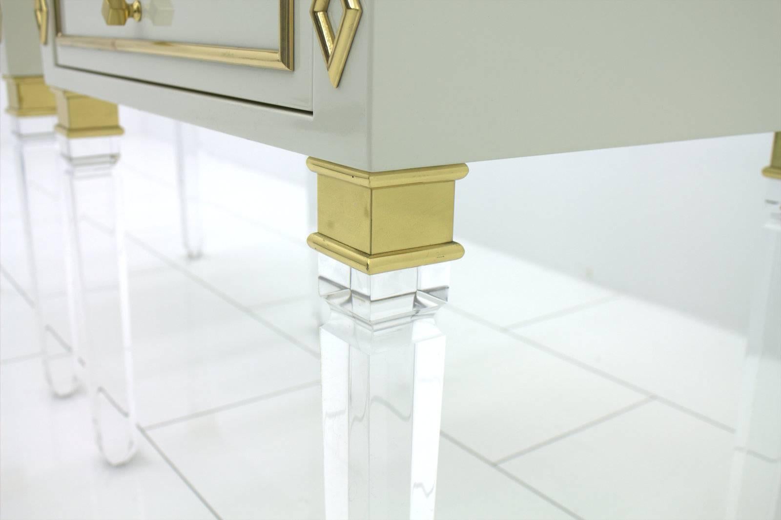 French Pair of Nightstands, Lucite, Wood and Brass, 1970s