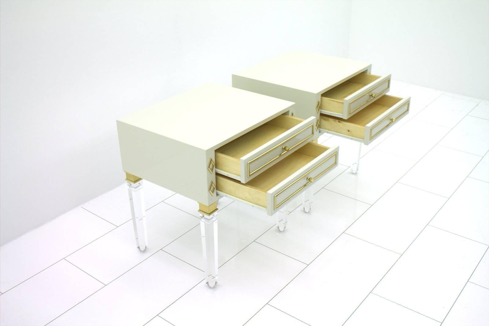 Pair of Nightstands, Lucite, Wood and Brass, 1970s 1