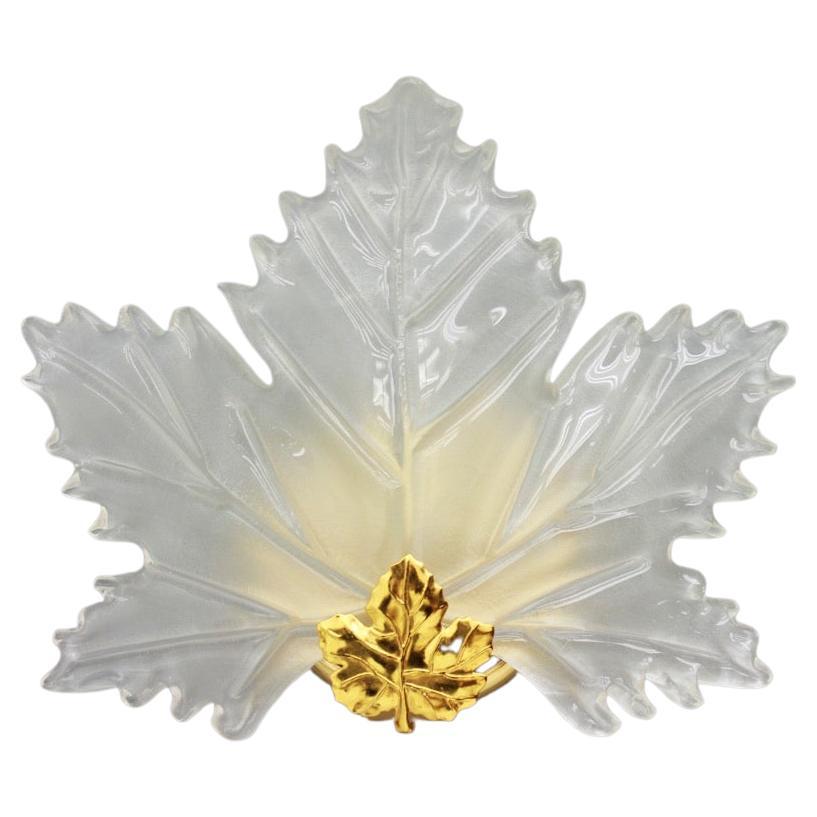 One of Two Leaf Glass and Brass Wall Sconces Lights Italy 1970s Lalique Style For Sale