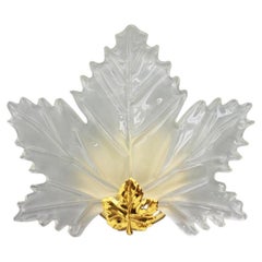 One of Two Leaf Glass and Brass Wall Sconces Lights Italy 1970s Lalique Style