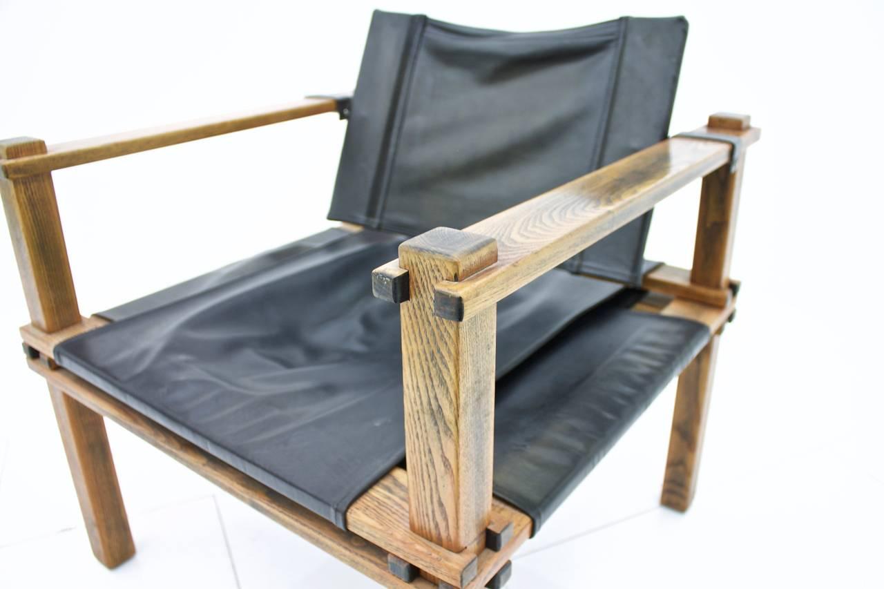 Mid-20th Century Safari Lounge Chair in Oak and Leather by Gerd Lange, Germany For Sale