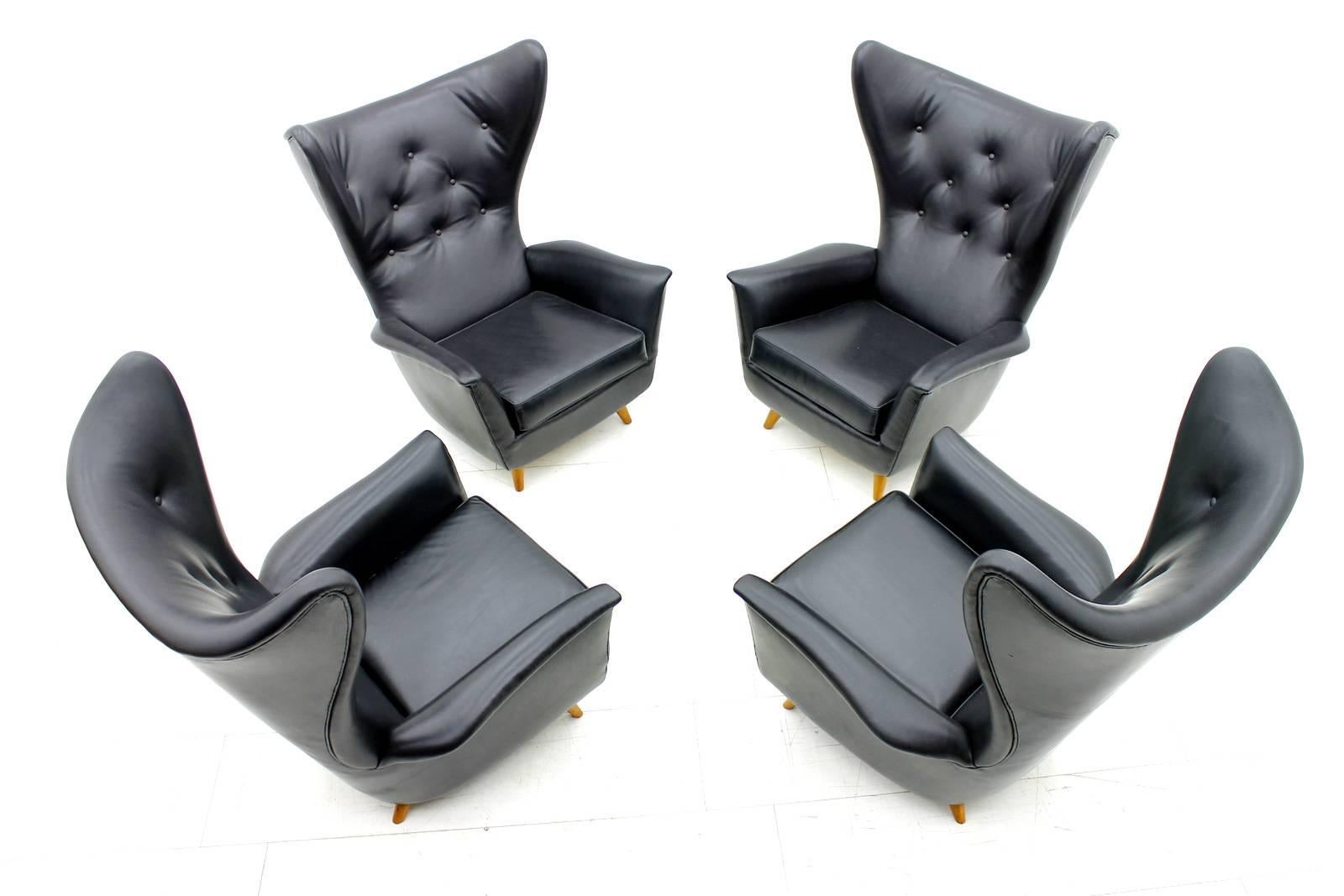 Mid-20th Century Black Leather Wingback Lounge Chair, 1950s For Sale