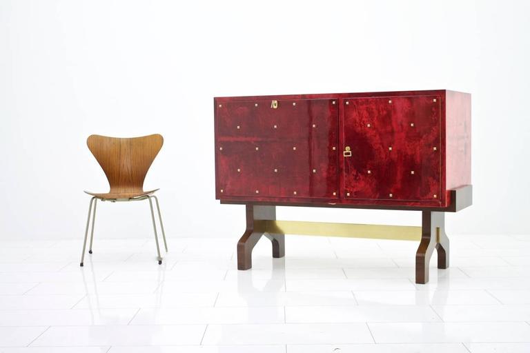 Aldo Tura Red Goatskin Sideboard with Bar and Refrigerator, Italy, 1968