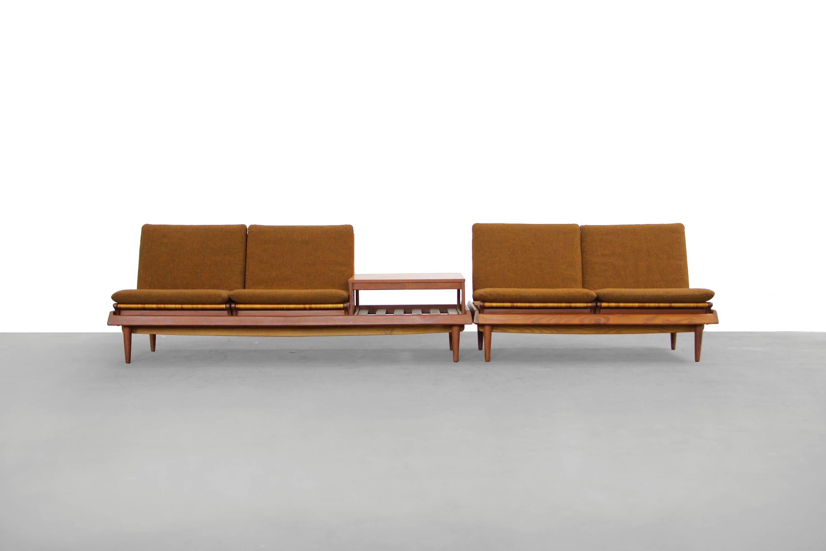 One of the most clever sofa systems of the Mid-Century era designed by Hans Olsen for Bramin.
This model TV161 was designed to be a universal solution to any seating in the home.
Beautiful details such as solid teak and the cane seats.
Original