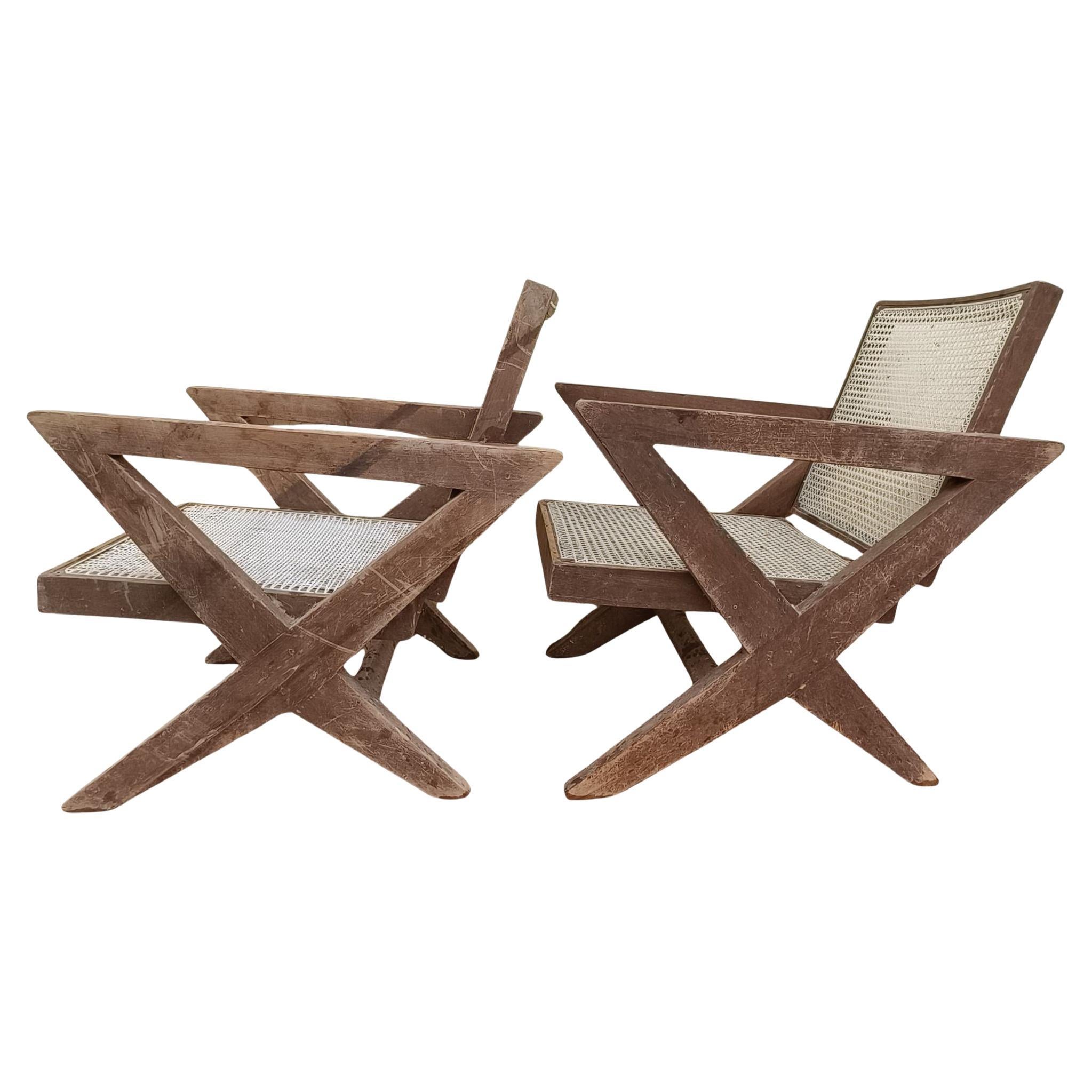 Un set de 2 authentiques Pierre Jeanneret Chaises à pieds en X PJ-SI-45-A, Inde, années 1950