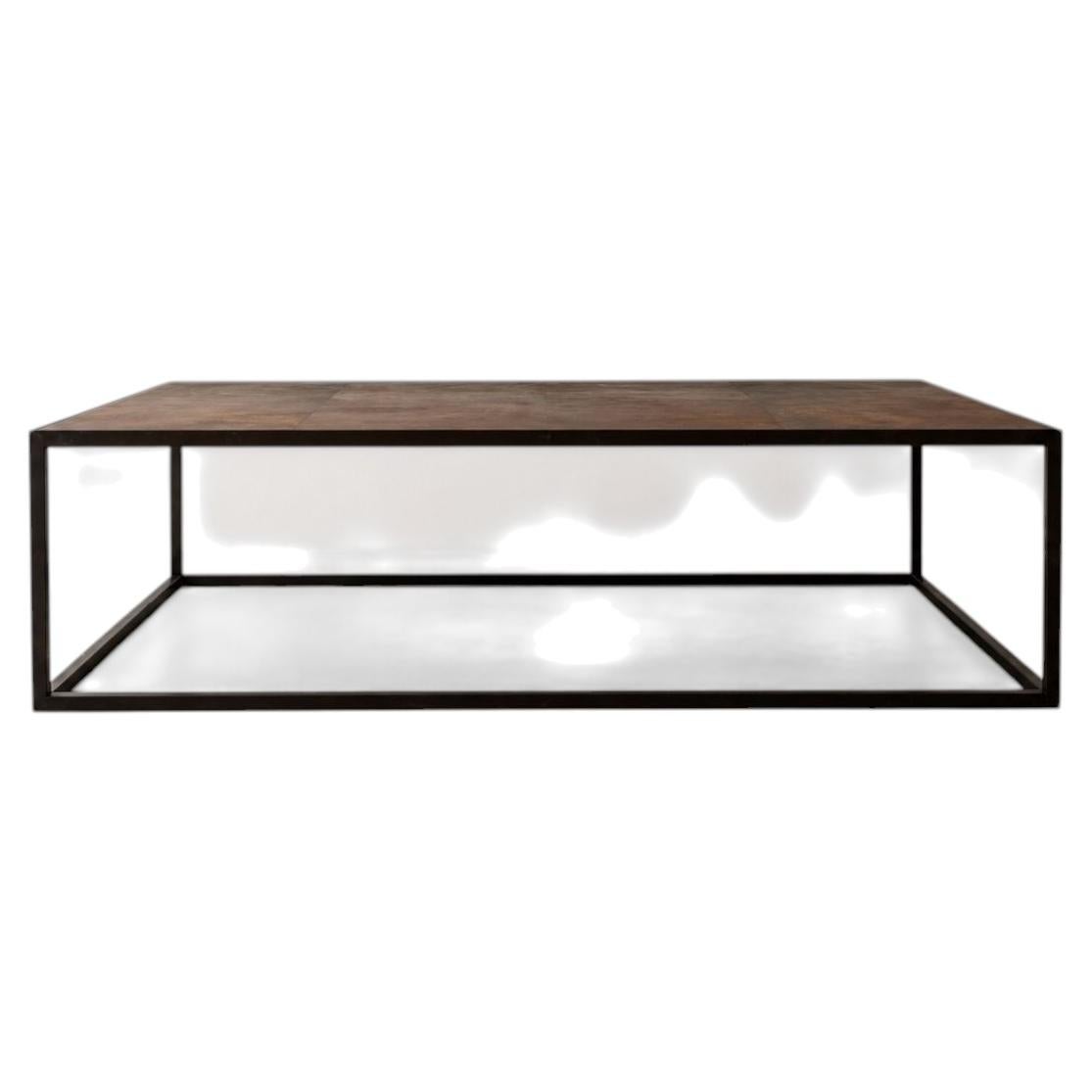 Aged Leather and Steel Coffee Table, Handcrafted in Belgium For Sale