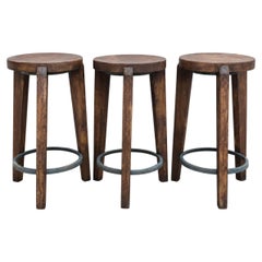 Set of 3 Pierre Jeanneret PJ-SI-22-A Teak and Iron Stools, Authentic Chandigarh