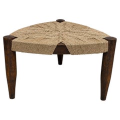 Rare Pierre Jeanneret Teak and Woven Triangular Stool, Chandigarh, 1960s