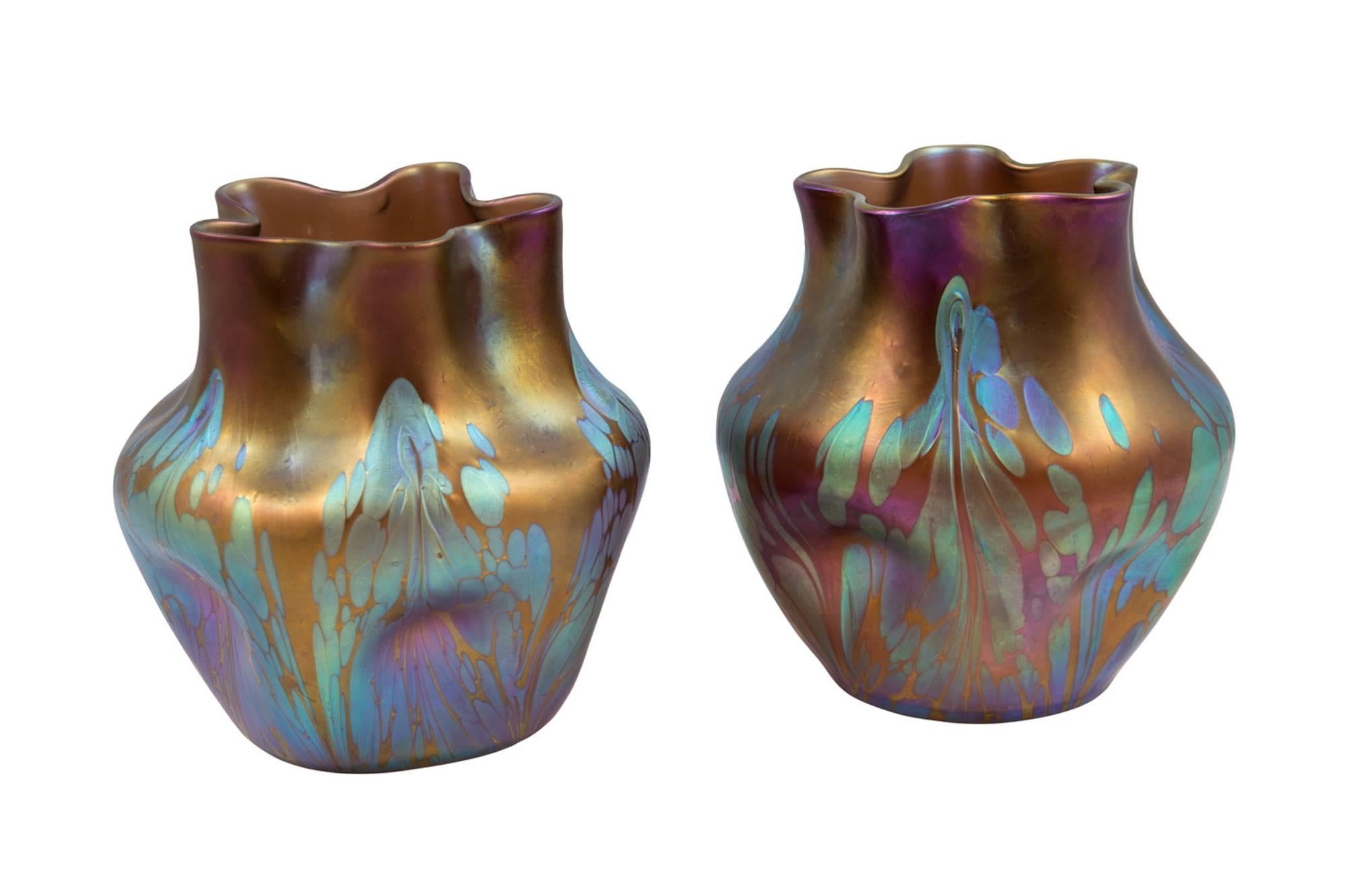 Austrian Loetz, Pair of Vases, Medici Decoration with Unusual Shape, circa 1902