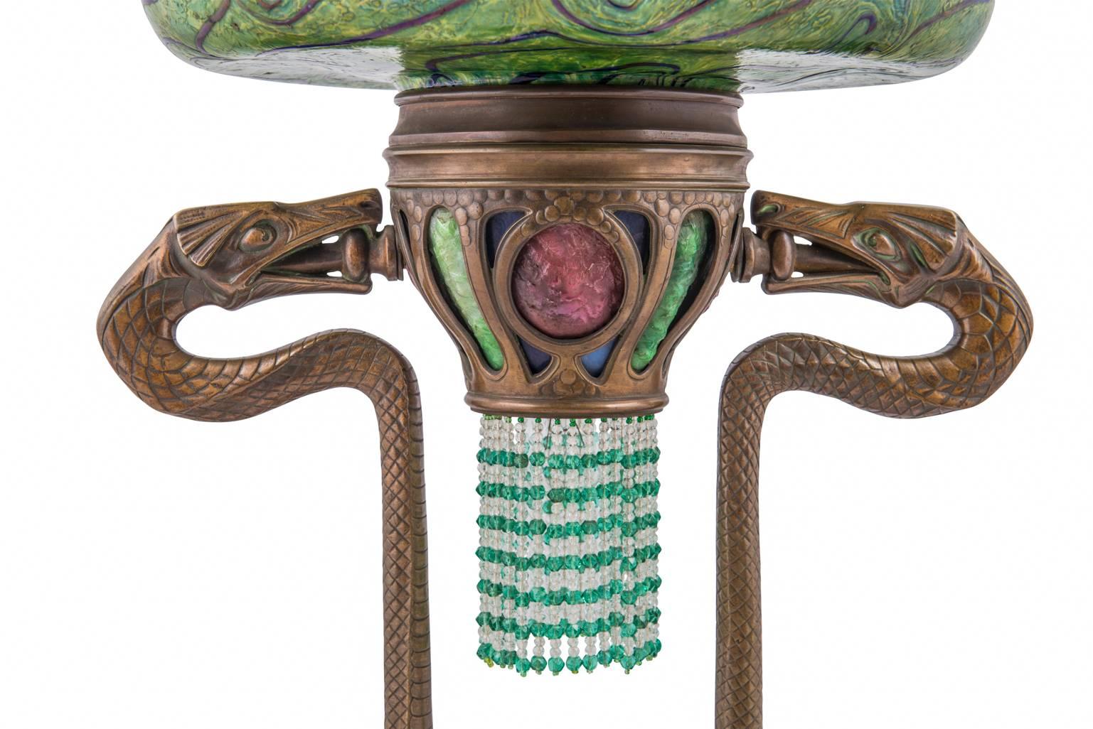 Important Snake Lamps, Pair, circa 1900 Helosinware Vienna Kralik Style of Loetz 1