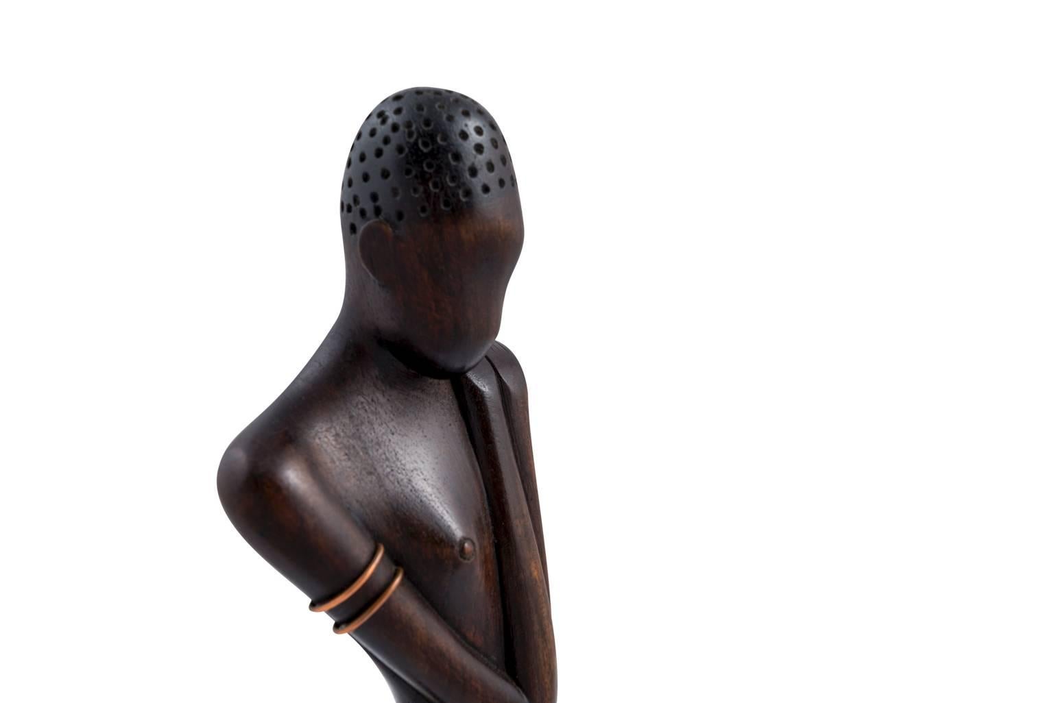 Austrian Werkstätte Hagenauer African Woman Figurine, Brass and Precious Wood, circa 1950