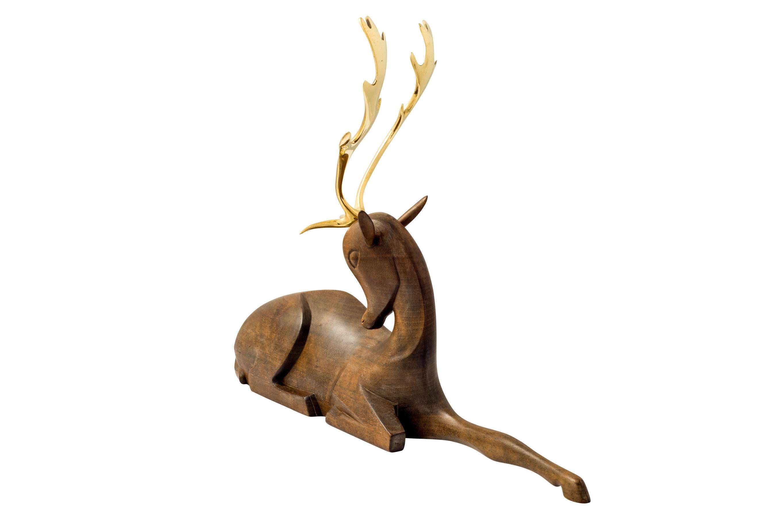 Mid-Century Modern Werkstatte Hagenauer Fallow Deer Brass and Wood Figurine, circa 1930 For Sale