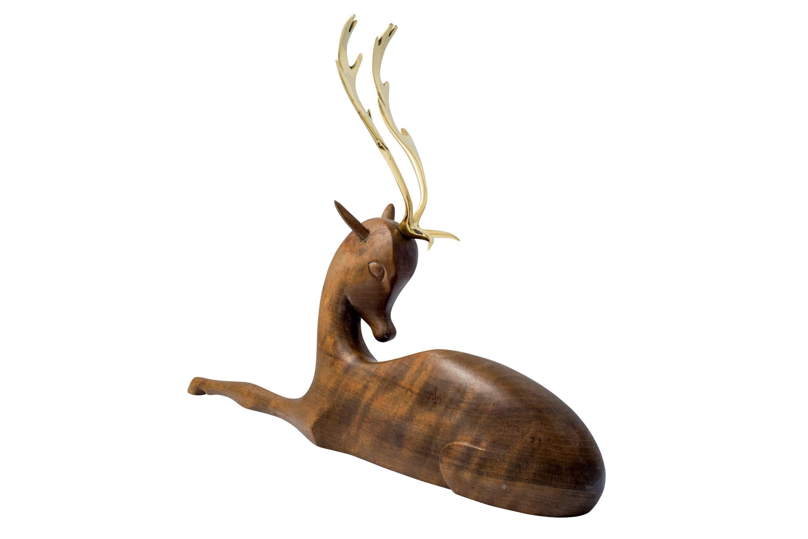 Austrian Werkstatte Hagenauer Fallow Deer Brass and Wood Figurine, circa 1930 For Sale