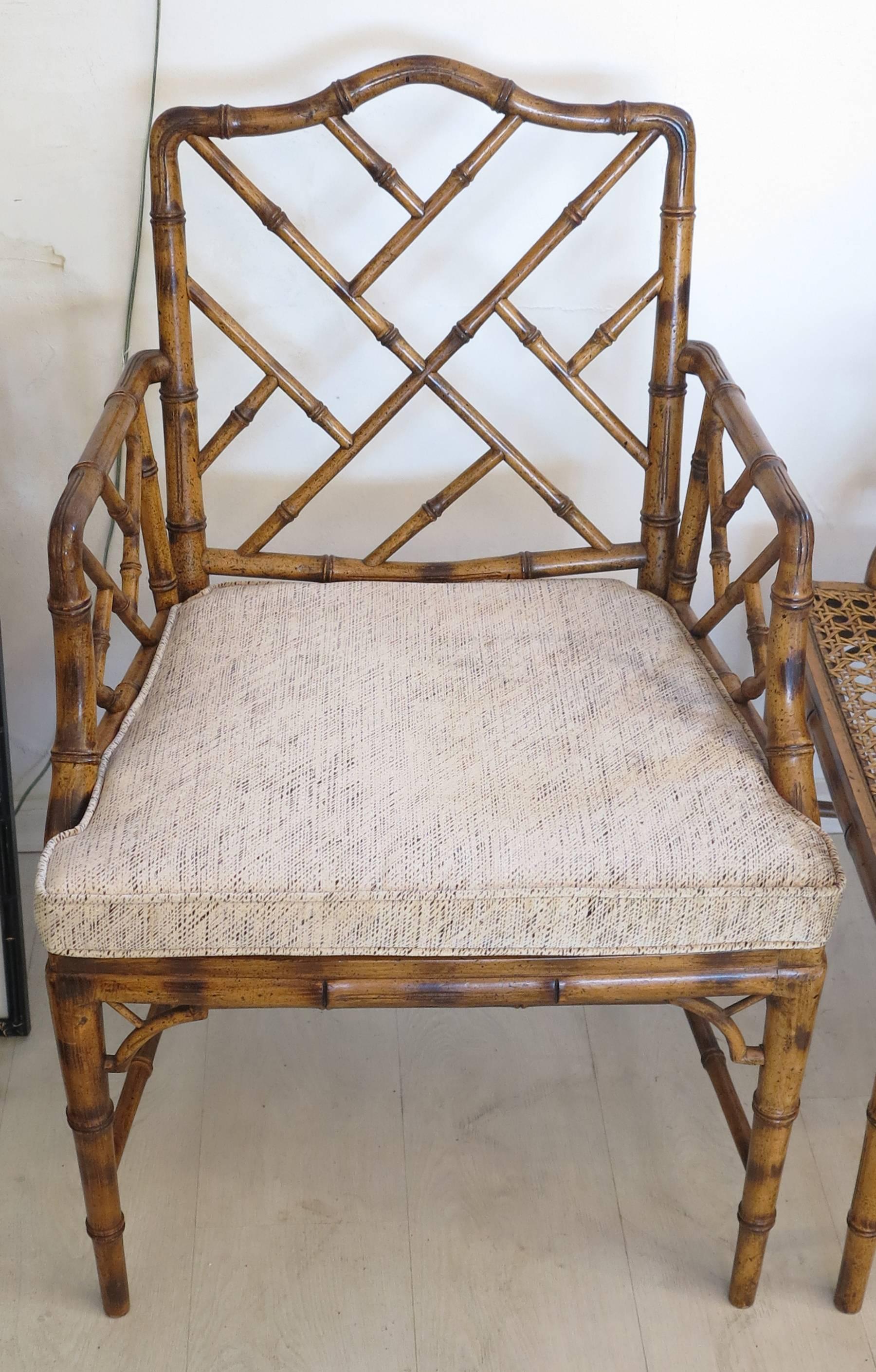 Hollywood Regency Two Chinese Chippendale Faux Bamboo Arm chairs 1980s