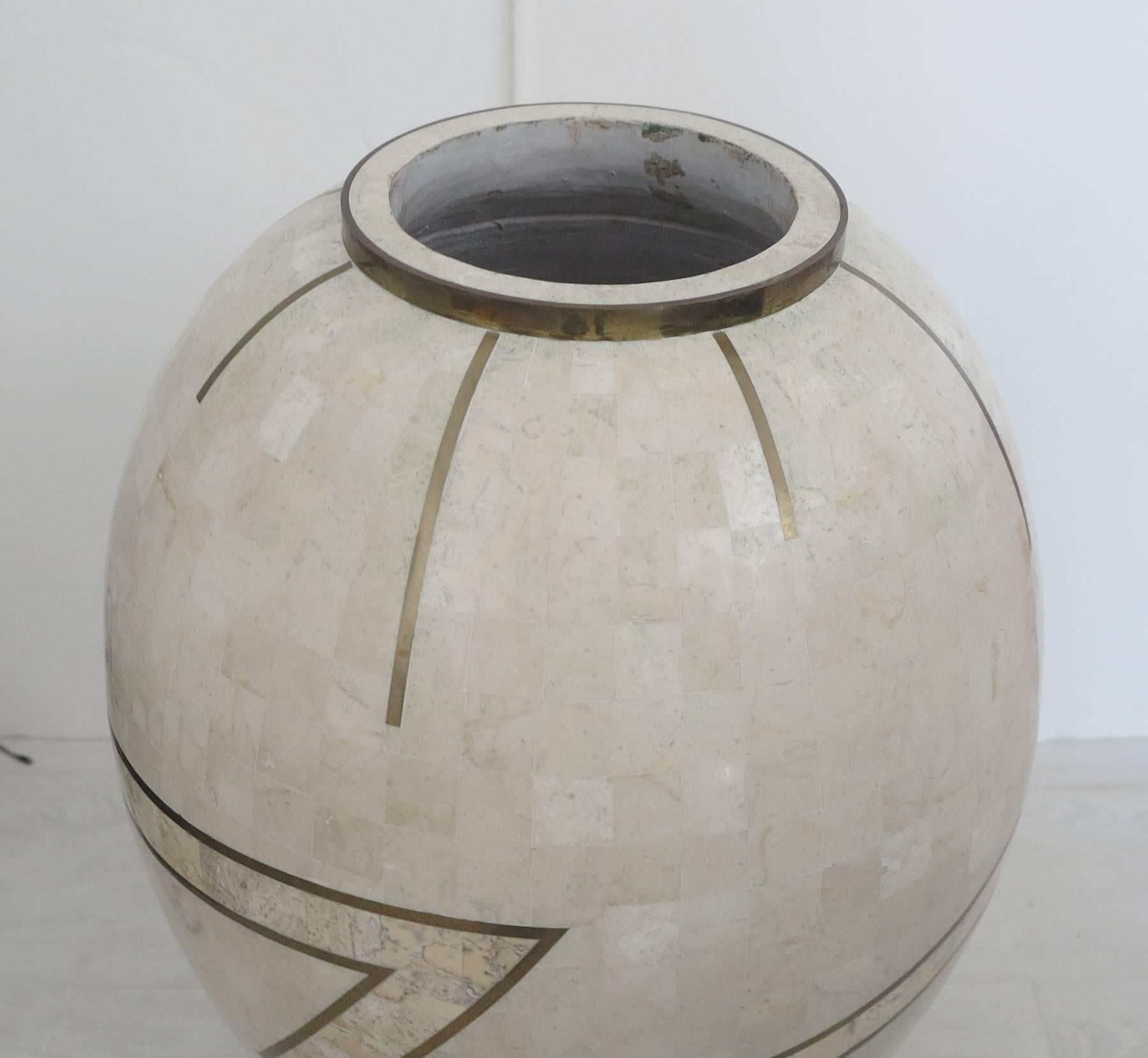Large floor vase in the style of Maitland-Smith. Tessellated with rectangles of marble with inlay brass decoration. A large and heavy floor vase in very good condition. No chips or cracks to the marble.